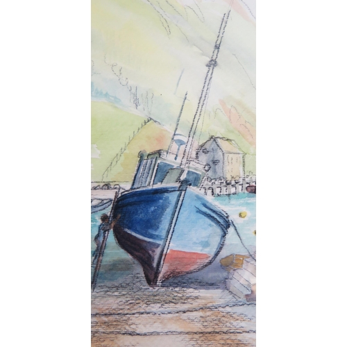 1555 - Ella Jean Manley (C20th), Axmouth Harbour, Devon,  watercolour and charcoal pencil, signed lower lef... 