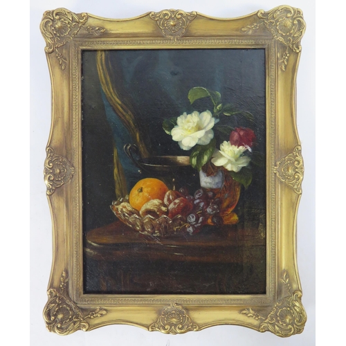 1583 - C19th Continental School, Still Life with fruits and flowers, oil on canvas, 39 x 30cm, gilt frame