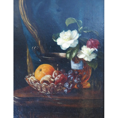 1583 - C19th Continental School, Still Life with fruits and flowers, oil on canvas, 39 x 30cm, gilt frame