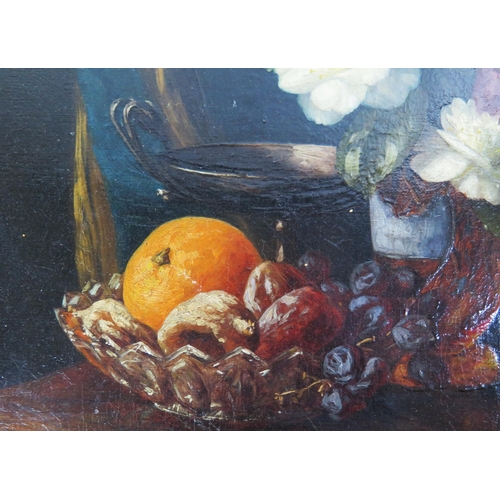 1583 - C19th Continental School, Still Life with fruits and flowers, oil on canvas, 39 x 30cm, gilt frame