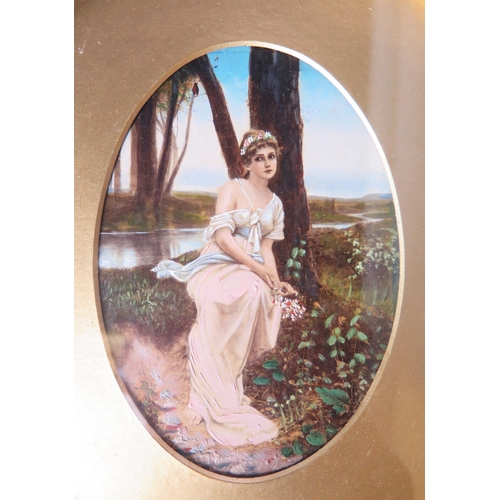 1584 - Overpainted romantic style photograph of a young woman in a wooded glade in a gilt oval frame, 28 x ... 