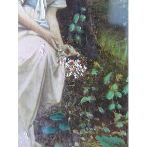 1584 - Overpainted romantic style photograph of a young woman in a wooded glade in a gilt oval frame, 28 x ... 