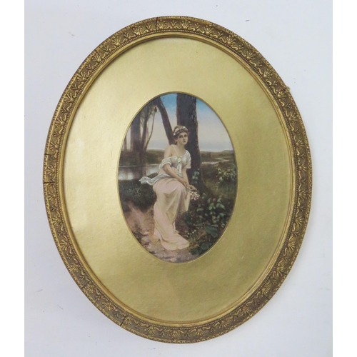 1584 - Overpainted romantic style photograph of a young woman in a wooded glade in a gilt oval frame, 28 x ... 