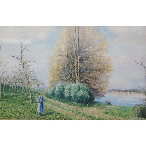 1566 - A Gibbons, Impressionist study of a French Riverside, signed and dated 84', 57 x 37cm, F & G