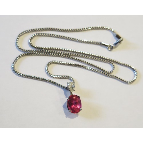 101 - An 18ct White Gold, Pink Tourmaline and Diamond Pendant on an 18ct white gold snake link chain, 11x8... 