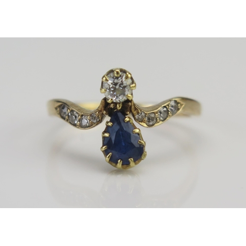 10 - An 18ct Gold, Sapphire and Diamond Ring, c. 6.4x4.6mm pear cut claw set sapphire and a c. 4mm old cu... 