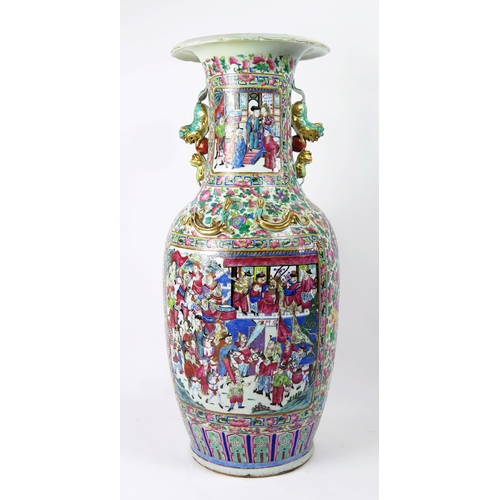 140 - A large 19th century Cantonese famille verte vase, of ovoid form, with flared rim, with handles in t... 