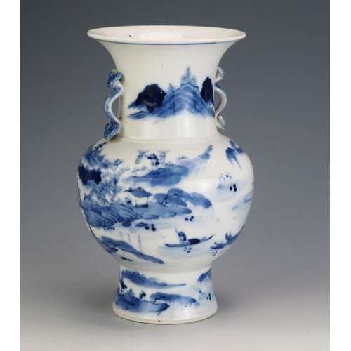 142 - A Chinese blue and white vase of baluster form, decorated with figures in an extensive landscape and... 