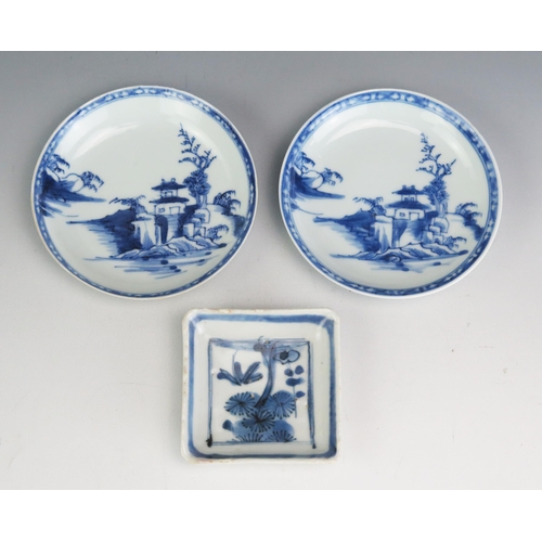 150 - A Chinese blue and white square dish with floral decoration, Ming dynasty, 8cm wide, together with t... 