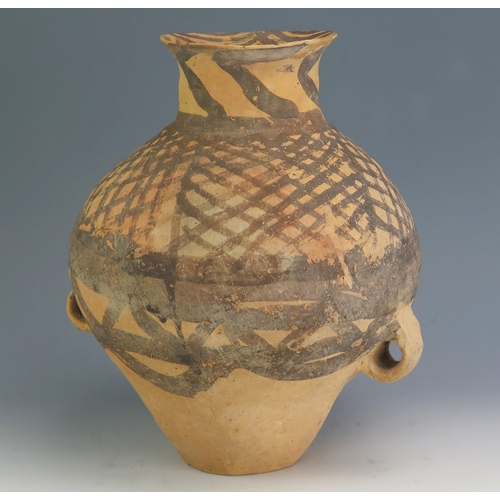 151 - A Chinese Neolithic terracotta jar, of ovoid form, with painted geometric decoration, with loop hand... 