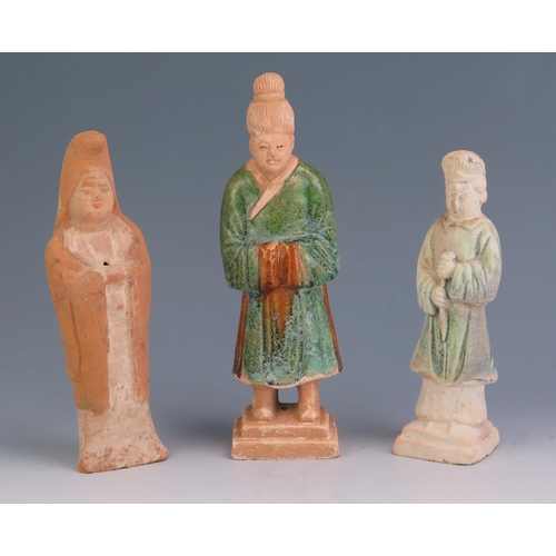 152 - Three Chinese ancient funerary type figures of a priest and two others, with ancient world labels  f... 