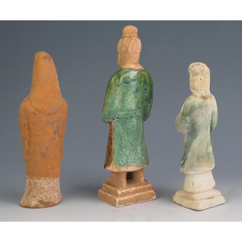 152 - Three Chinese ancient funerary type figures of a priest and two others, with ancient world labels  f... 