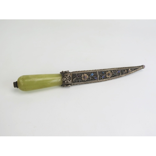 163 - A Indo-Persian dagger, with 14cm fullered blade, jadeite handle, contained in a silver and enamelled... 