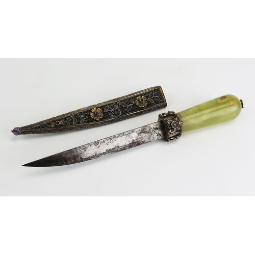 163 - A Indo-Persian dagger, with 14cm fullered blade, jadeite handle, contained in a silver and enamelled... 