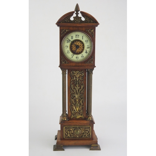 172 - An oak and brass mounted miniature longcase timepiece, of arched outline, with four reeded Corinthia... 