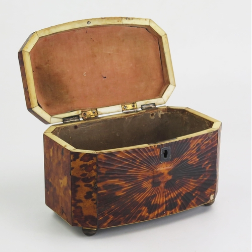 175 - A 19th century blonde tortoiseshell tea caddy of rectangular outline, with shallow domed hinged lid,... 