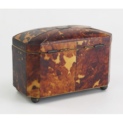 175 - A 19th century blonde tortoiseshell tea caddy of rectangular outline, with shallow domed hinged lid,... 