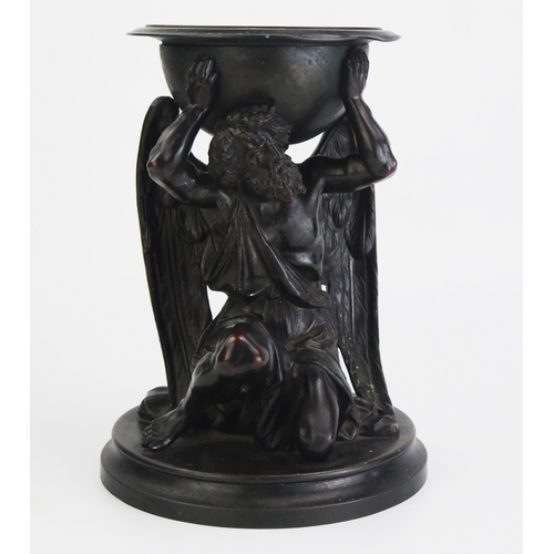 178 - A 19th century bronze study of a bearded, kneeling angel supporting a bowl, raised on a circular bas... 