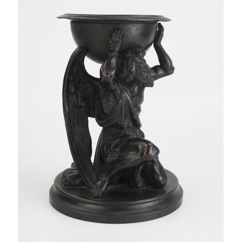 178 - A 19th century bronze study of a bearded, kneeling angel supporting a bowl, raised on a circular bas... 