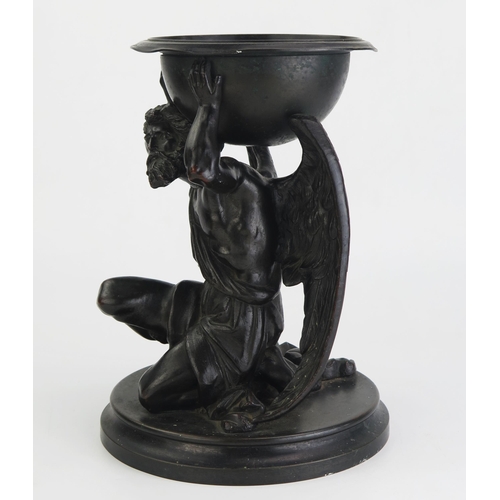 178 - A 19th century bronze study of a bearded, kneeling angel supporting a bowl, raised on a circular bas... 