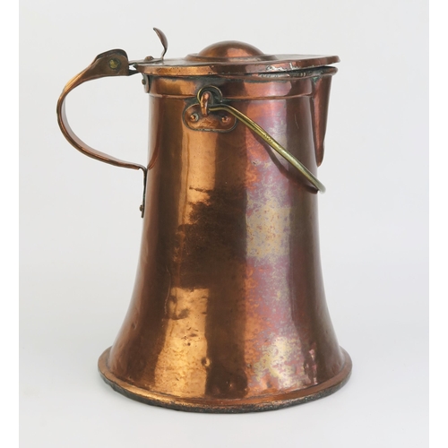 179 - A 19th century copper water jug and cover, of cylindrical tapering form, with loop carrying handle h... 