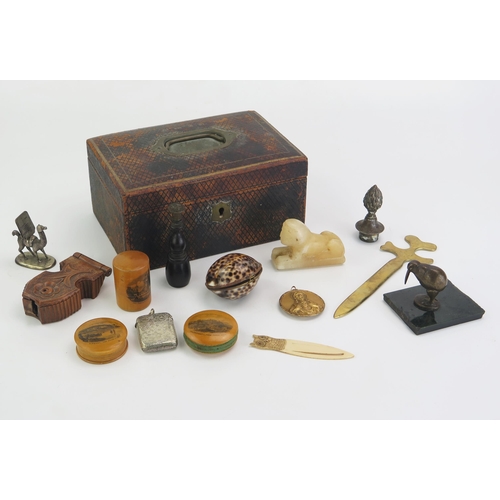 190 - An assortment of collectables including Mauchline ware pin cushion, pill box, brass letter opener, l... 