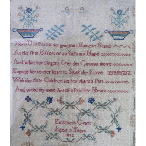 199 - A William IV needlework sampler with central verse, angels, flowering shrubs, enclosed by a floral m... 