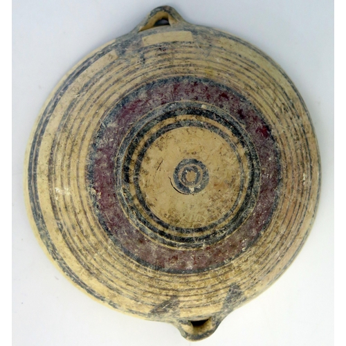 207 - A Cypro  archaic period kylex form bowl, probably Greek, with loop handles to the sides, plain bande... 