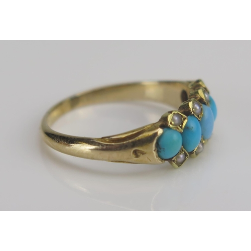 21 - A Victorian Turquoise and Seed Pearl or Cultured Seed Pearl Ring in a precious yellow metal setting,... 