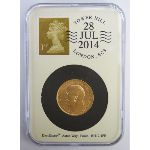 214 - A George V 1914 Gold Sovereign in a Datestamp slab dated 28th July 2014, ref: A37-0048. Previously f... 