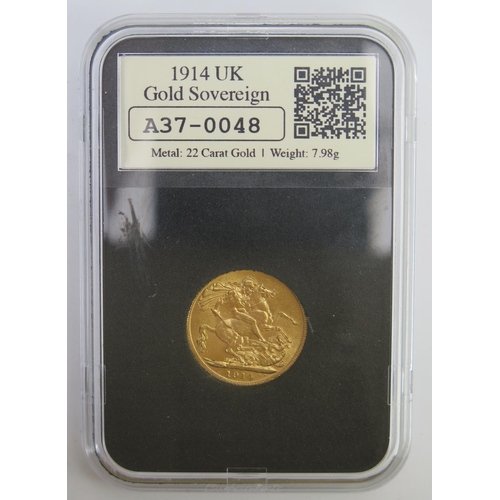 214 - A George V 1914 Gold Sovereign in a Datestamp slab dated 28th July 2014, ref: A37-0048. Previously f... 