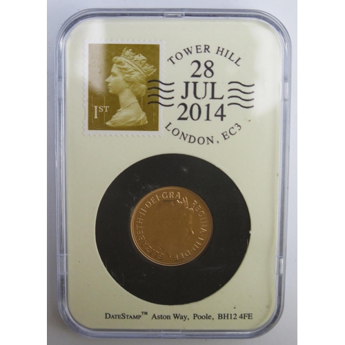 215 - An Elizabeth II 2014 Gold Sovereign in a Datestamp slab dated 28th July 2014, ref: A37-0048. Previou... 