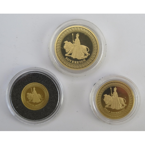 224 - * An Elizabeth II 2012 Tristan da Cunha 'The Elizabeth & The Lion' Three Coin Sovereign Set comprisi... 