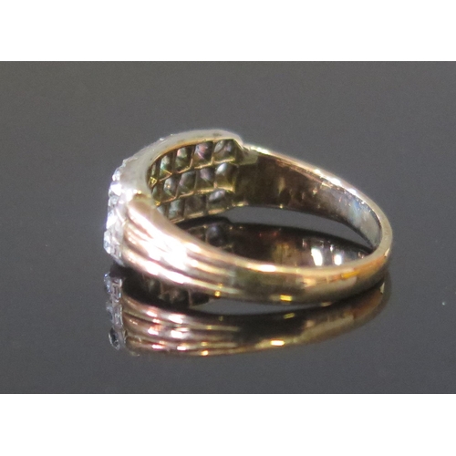 23 - An Antique Old Cut Diamond Three Row Ring in a precious yellow metal setting, c. 14.8x7mm head, size... 