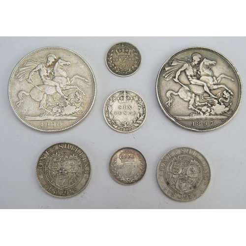 234 - A Selection of Victorian Silver Coins _ 1897 Crown, 1900 Crown, 1897 Shilling, 1898 Shilling, 1898 S... 