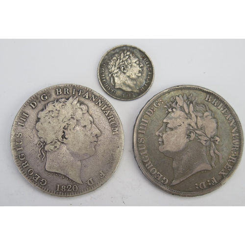 238 - A George III Silver Crown 1820, a George IIII Silver Crown 1821 and a George III 1817 Sixpence