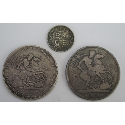 238 - A George III Silver Crown 1820, a George IIII Silver Crown 1821 and a George III 1817 Sixpence