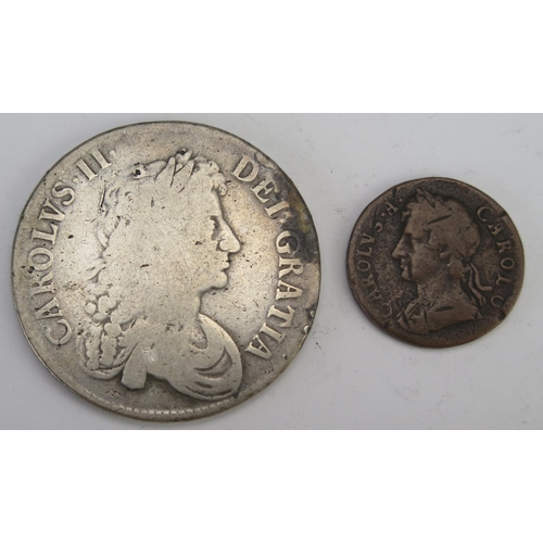 241 - A Charles II Silver Crown 1672 and a 1675 Copper Farthing