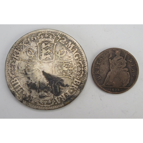 241 - A Charles II Silver Crown 1672 and a 1675 Copper Farthing