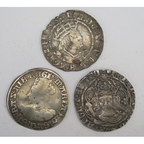 244 - Three Early Hammered Silver Coins including a Queen Mary Groat (24.7mm)