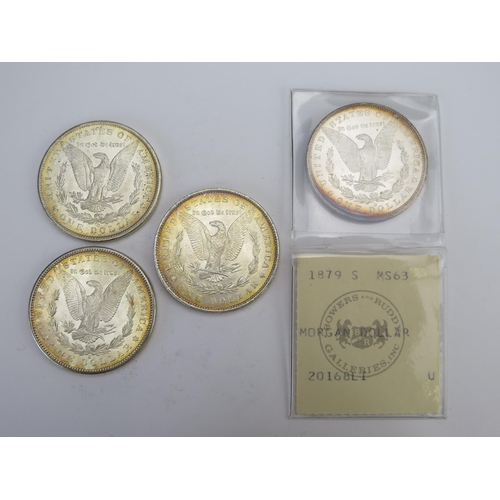 245 - Four USA Silver Morgan Dollars _ 1880 'S', 1885 'O', 1879 'O' and 1888