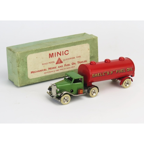 248 - Tri-ang Minic Tinplate Clockwork Mechanical Horse And Fuel Oil Tanker - cab in light green/chrome, t... 