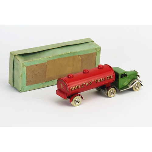 248 - Tri-ang Minic Tinplate Clockwork Mechanical Horse And Fuel Oil Tanker - cab in light green/chrome, t... 