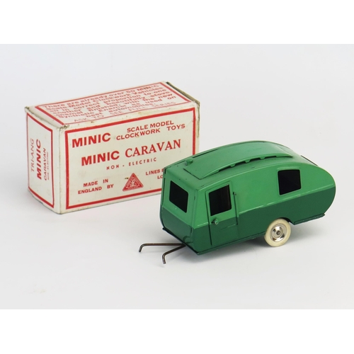 249 - Tri-ang Minic Tinplate Caravan in two-tone green, white tyres - near mint in very good white and red... 