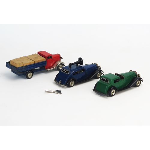 251 - Tri-ang Minic Tinplate Clockwork Trio including Vauxhall Town Coupe in green and loudspeaker car in ... 