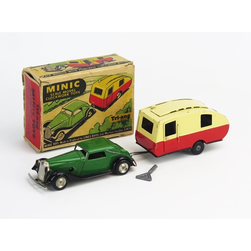 252 - Tri-ang Minic Tinplate Clockwork Car and Caravan Set consisting of Vauxhall Cabriolet in green with ... 