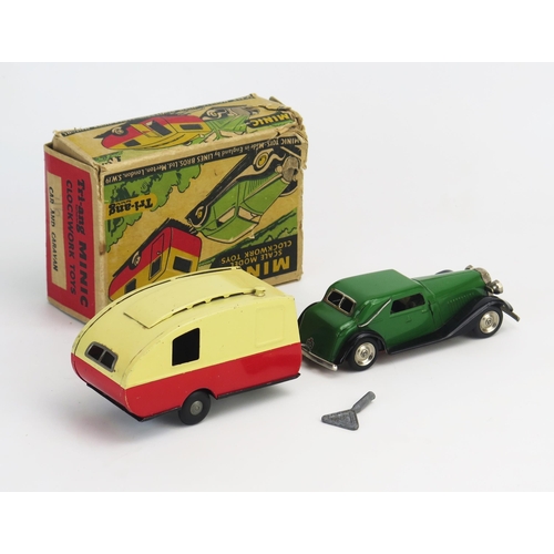 252 - Tri-ang Minic Tinplate Clockwork Car and Caravan Set consisting of Vauxhall Cabriolet in green with ... 