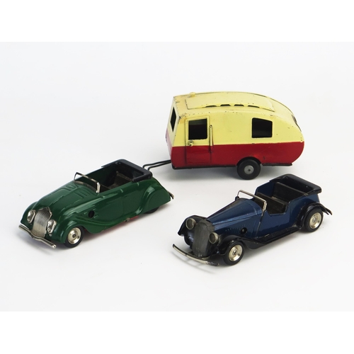 254 - Tri-ang Minic Tinplate Clockwork Trio including Streamlined Car in green, Vauxhall Tourer in dark bl... 