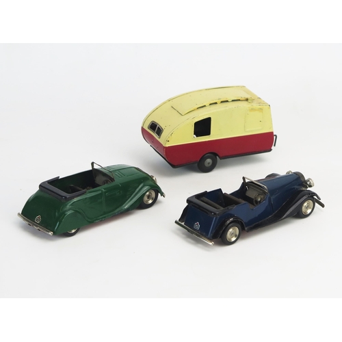 254 - Tri-ang Minic Tinplate Clockwork Trio including Streamlined Car in green, Vauxhall Tourer in dark bl... 