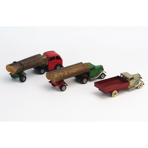 255 - Tri-ang Minic Tinplate Clockwork Truck Trio including sided truck in grey/dark red/chrome, log truck... 